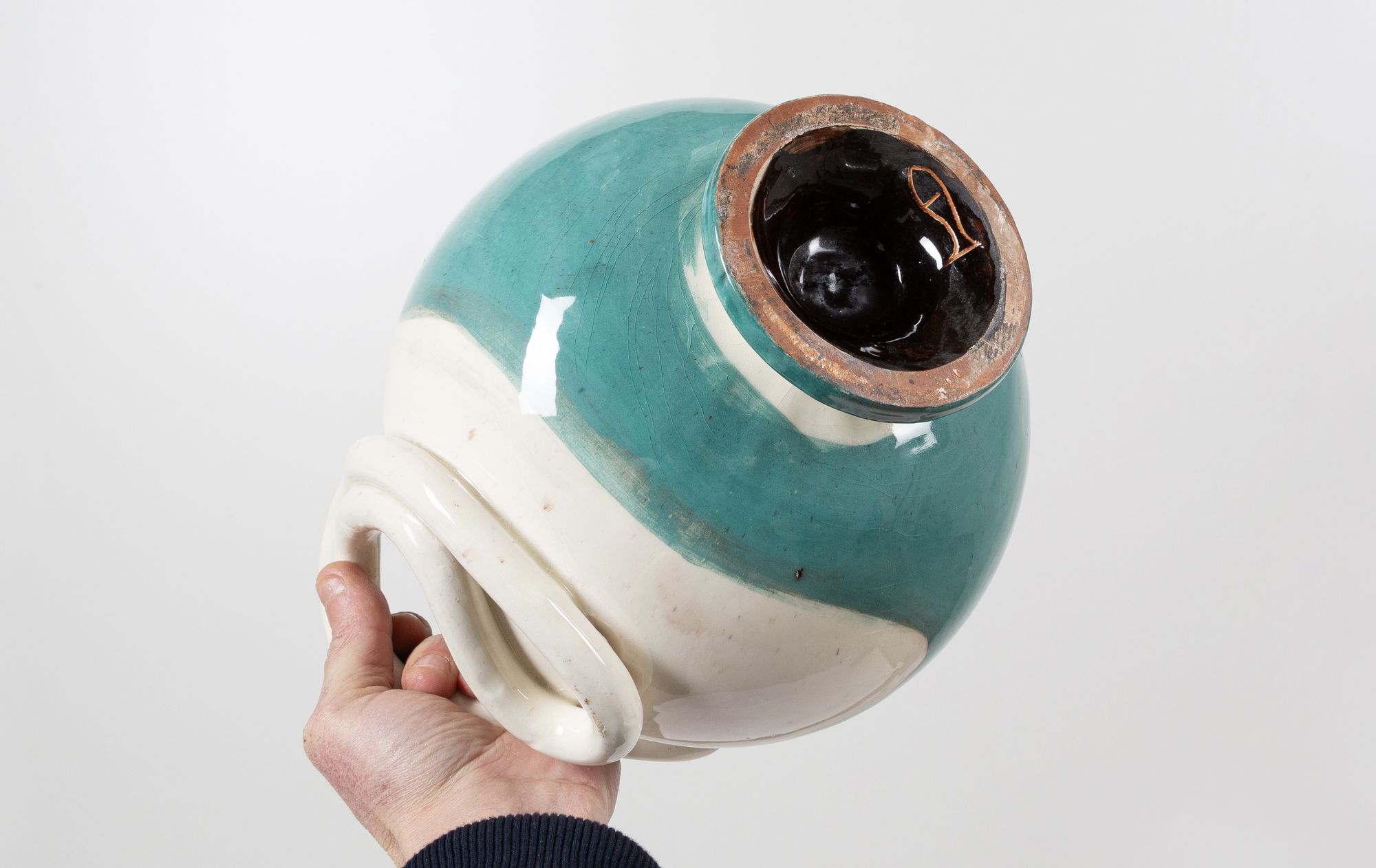 Rare large jug with "snake" handle by ceramist Margrit Linck