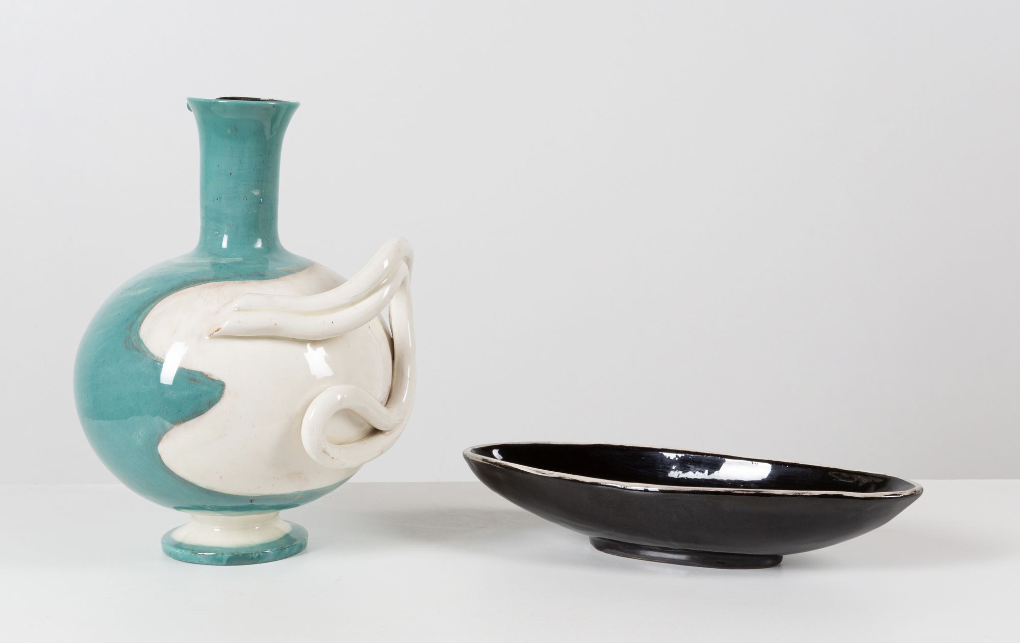Rare large jug with "snake" handle by ceramist Margrit Linck